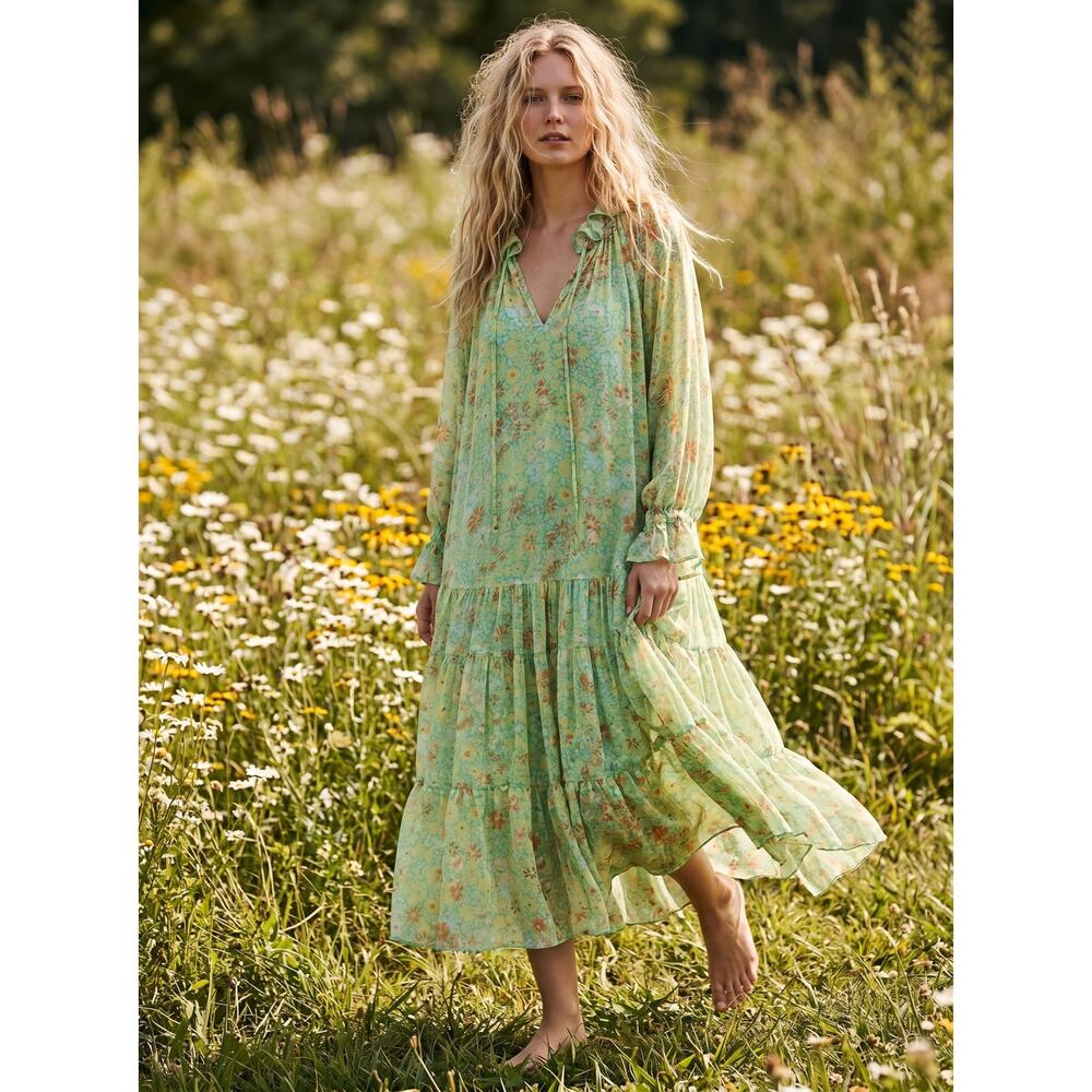 Free People Feeling Groovy Maxi Dress Size Medium 70s Chartreuse Floral Bohemian